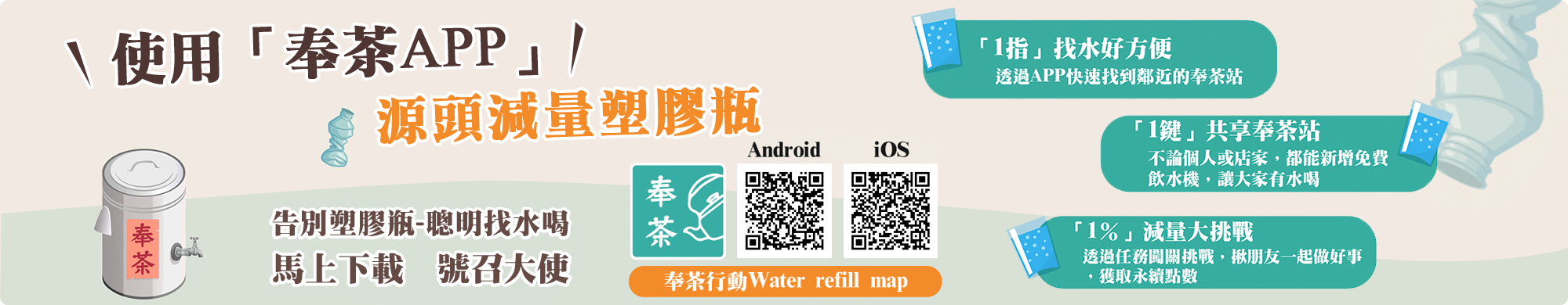 使用「奉茶App」源頭減量塑膠瓶，告別塑膠瓶-聰明找水喝